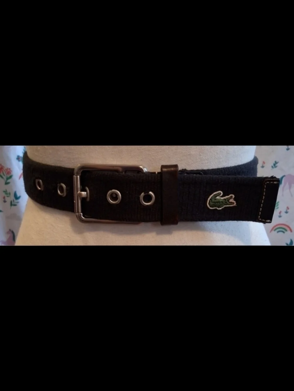 EUC Vintage Lacoste Black Web Canvas & Leather Boho Prep Unisex Casual Belt 36in